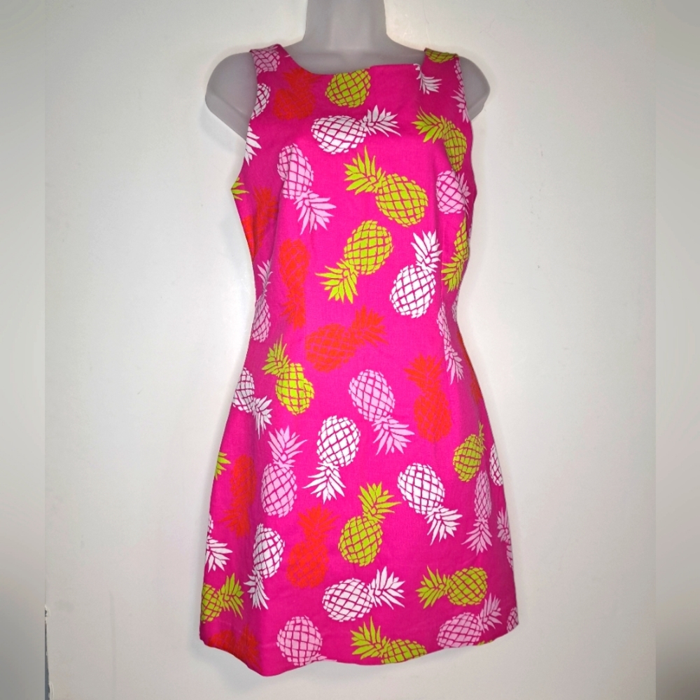 Shift Dress Pink pineapples lined sleeveless Margaret Josephs Size Small Cotton